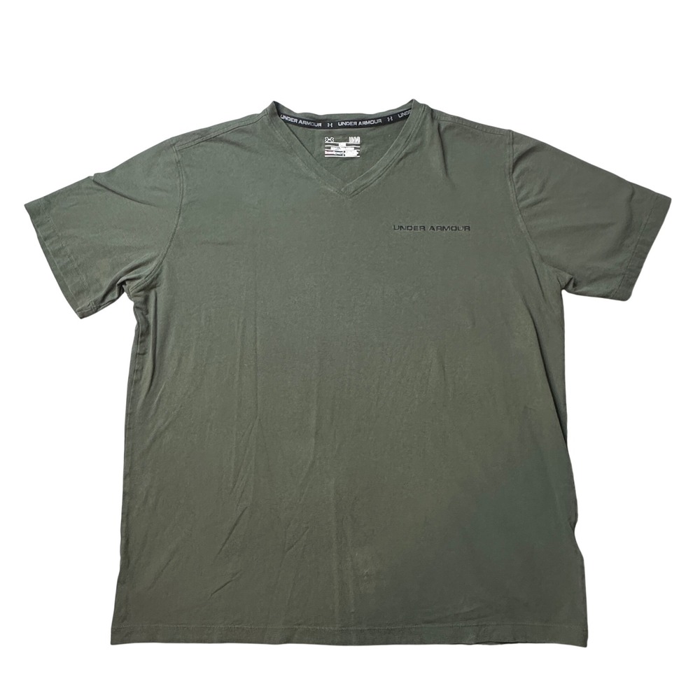 Under Armour T-Shirt Mens L Green HeatGear‎ V-Neck Loose Fit Short Sleeve Logo